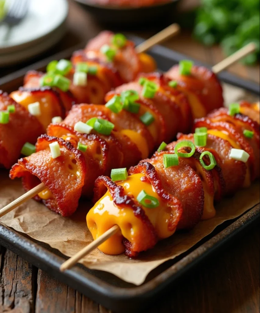 Golden tater tot skewers topped with melted cheddar cheese, barbecue sauce, and chopped green onions in a white baking dish on a wooden table